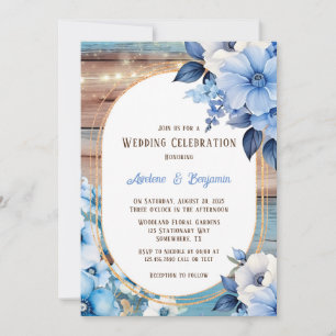 Blue Tan Wood Lights Florals Wedding Celebration Einladung