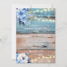 Blue Tan Wood Lights Florals Wedding Celebration