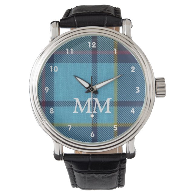 Blue tartan kariert mit Monogramm Armbanduhr (Vorderseite)