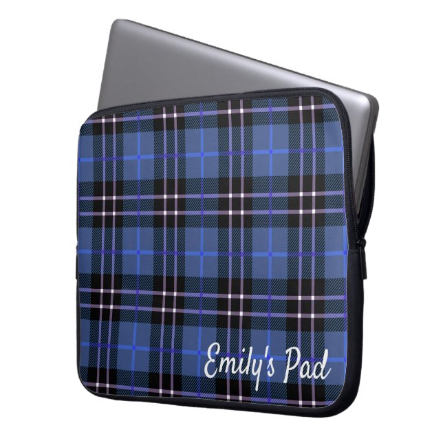 Blue Tartan Kariert mit Name Laptopschutzhülle (Vorderseite Links)