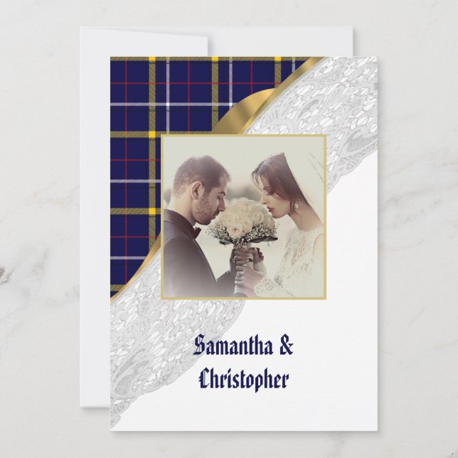 Blue tartan karierte Spitzen Hochzeit Foto Einladu Einladung (Rückseite)