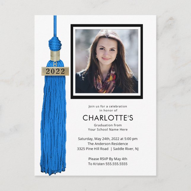 Blue Tassel Photo Graduation Invitation  Postkarte (Vorderseite)