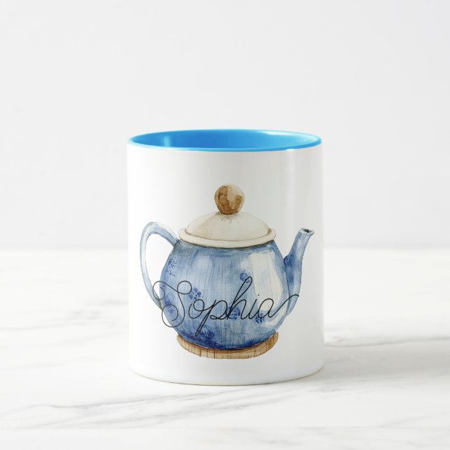 Blue Tea Pot Birthday Tasse (Zentrum)