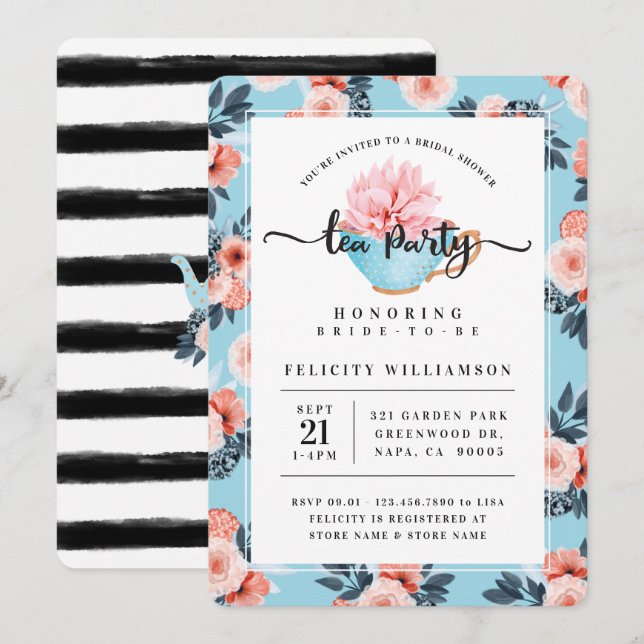 Blue Teacup Tea Party Bridal Dusche Einladung (Vorne/Hinten)