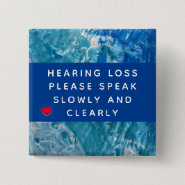 Blue Teal Abstract Heart Hearing Loss 2 Inch Button