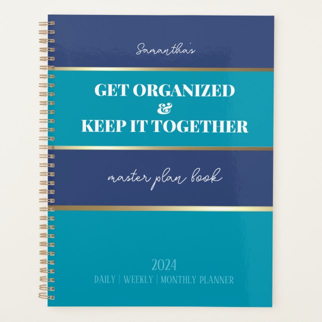 Blue Teal Gold Modern Trendy Daily Weekly Monthly Planer (Vorderseite)