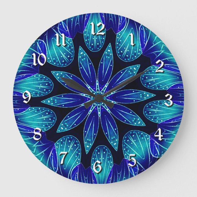 Blue & Teal Petals Mandala Große Wanduhr (Vorderseite)