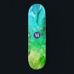 Blue Teal Yellow Green Liquid Ink, Monogram & Name Skateboard<br><div class="desc">A trendy Blue,  Teal,  Yellow and Green Liquid Ink design with personalized yellow Monogram and Name in dark blue and gold circle.</div>