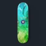 Blue Teal Yellow Green Liquid Ink, Monogram & Name Skateboard<br><div class="desc">A trendy Blue,  Teal,  Yellow and Green Liquid Ink design with personalized yellow Monogram and Name in dark blue and gold circle.</div>