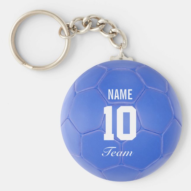 Blue Team Soccer Ball Personalisierter Name Schlüsselanhänger (Vorne)