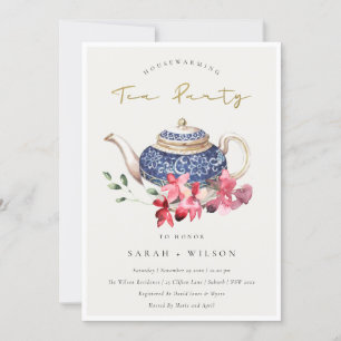 Blue Teapot Blumenhain Teezeremonie Party Einladun Dankeskarte