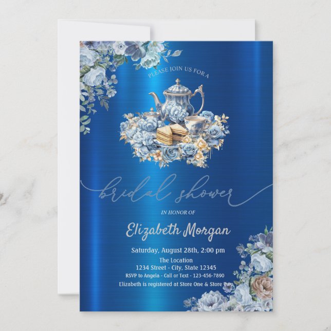 Blue Teapot Floral Blue Metallic Baby Dusche Einladung (Vorderseite)