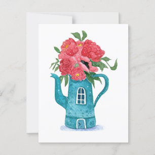 Blue Teapot House mit roten Blume Postkarte