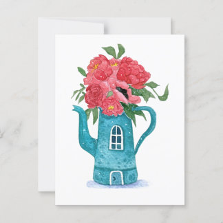 Blue Teapot House mit roten Blume Postkarte
