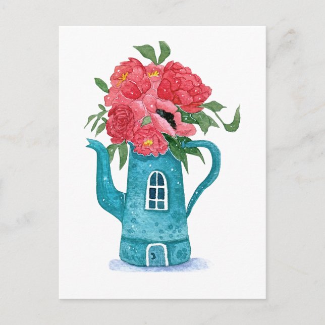 Blue Teapot House mit roten Blume Postkarte (Vorderseite)