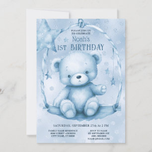 Blue Teddy Bear 1. Geburtstag Einladung