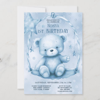 Blue Teddy Bear 1. Geburtstag Einladung