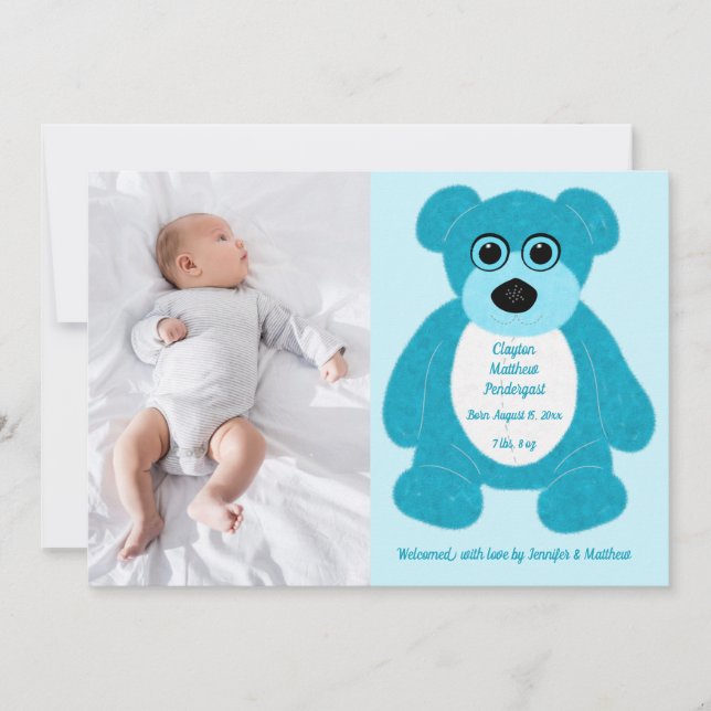 Blue Teddy Bear Baby Boy Birth Annoucement Invitat Einladung (Vorderseite)