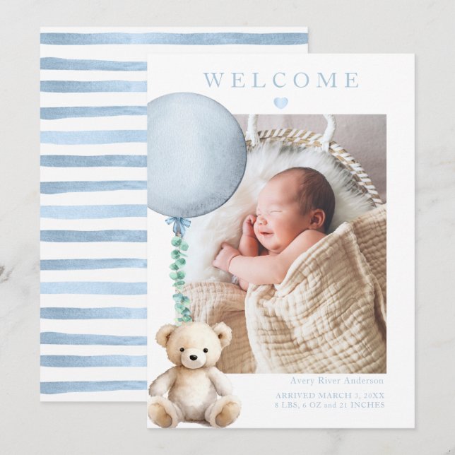 Blue Teddy Bear Baby Boy Foto Geburtserklärung Einladung (Vorne/Hinten)