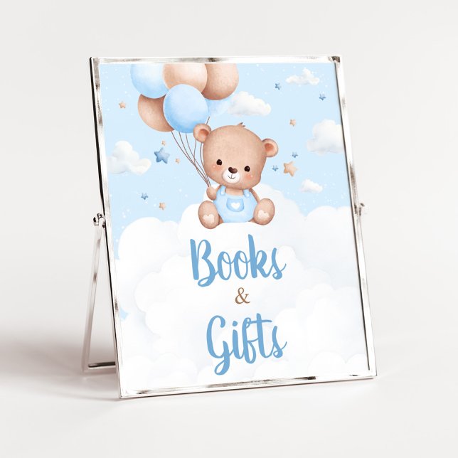 Blue Teddy Bear Baby Duschbücher und Geschenke Sch Poster (Blue Boy Teddy Bear Clouds Balloon Baby Shower Sign)