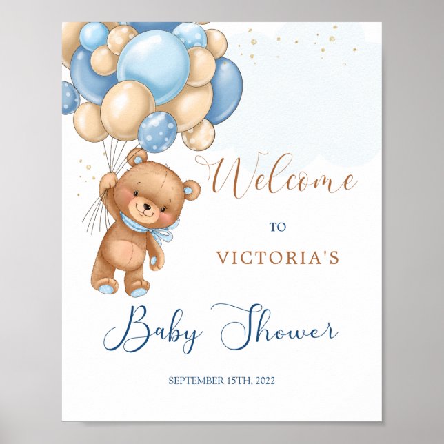 Blue Teddy Bear Baby Dusche Begrüßungszeichen Poster (Vorne)