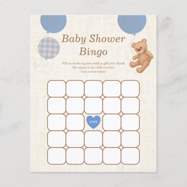 Blue Teddy Bear Baby Dusche Bingo Spiel (Vorderseite)