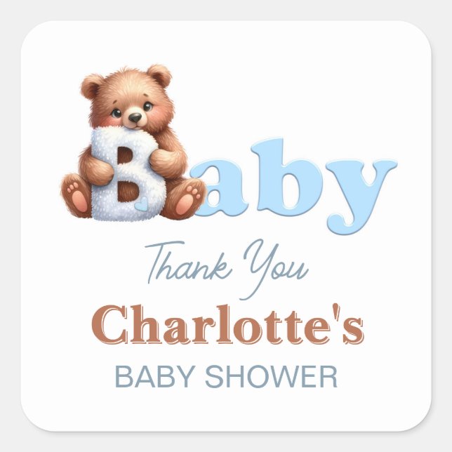 Blue Teddy Bear Baby Dusche Danke Quadratischer Aufkleber (Vorderseite)