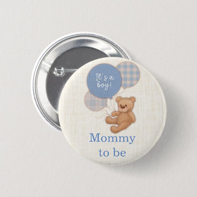 Blue Teddy Bear Baby Dusche Mama zum Knopf Button (Vorne & Hinten)