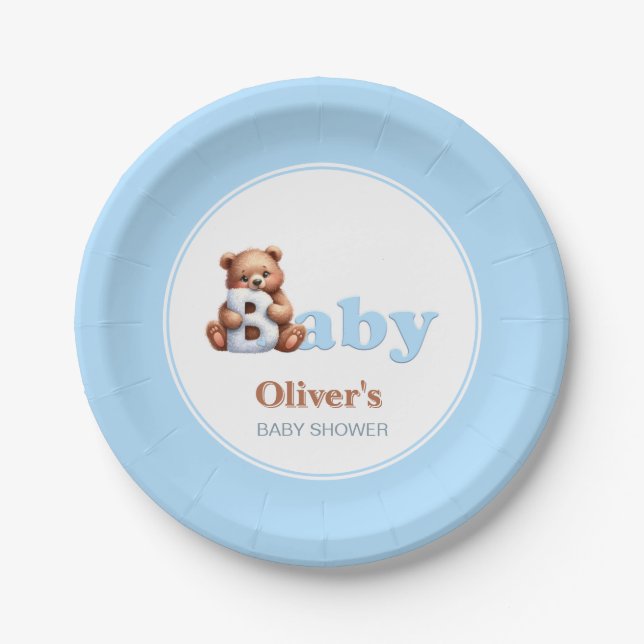Blue Teddy Bear Baby Dusche Pappteller (Vorderseite)