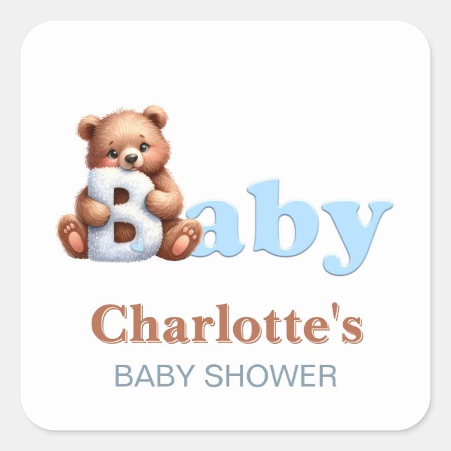 Blue Teddy Bear Baby Dusche Quadratischer Aufkleber (Vorderseite)