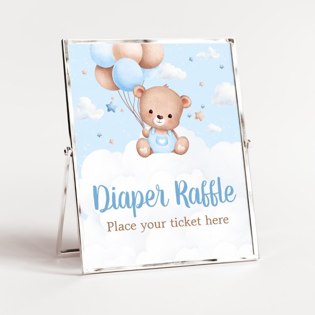 Blue Teddy Bear Baby Dusche Windelwanne Windelwann Poster (Blue Boy Teddy Bear Clouds Balloon Baby Shower Sign)