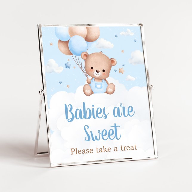 Blue Teddy Bear Baby Shower Babys sind Sweet Sign Poster (Blue Boy Teddy Bear Clouds Balloon Baby Shower Sign)