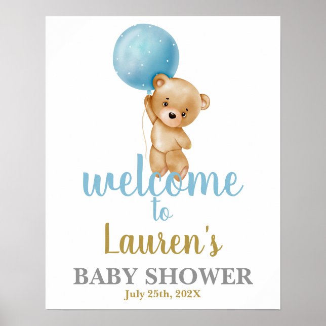 Blue Teddy Bear Baby Shower Boy Begrüßungszeichen Poster (Vorne)