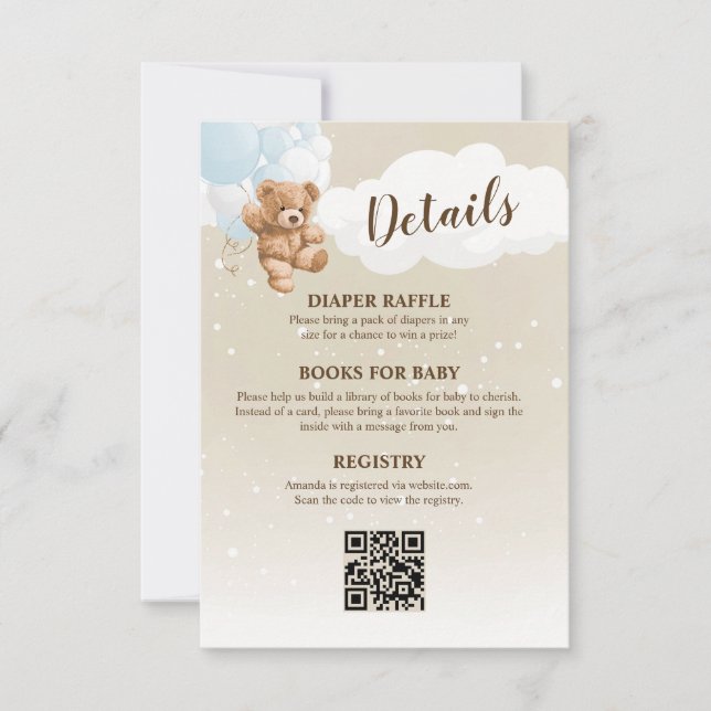Blue Teddy Bear Baby Shower Details Enclosure Card Einladung (Vorderseite)
