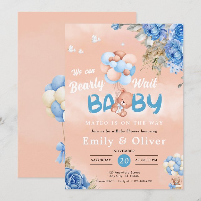 Blue Teddy Bear Baby Shower Einladung abwarten (Vorne/Hinten)