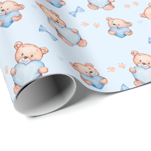 Blue Teddy Bear Baby Shower Giftwrapping Paper Geschenkpapier (Rolleneckpunkt)