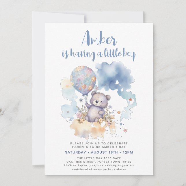 Blue Teddy Bear Balloon Niedlich Boy Baby Dusche Einladung (Vorderseite)