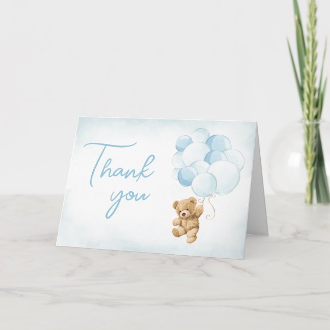 Blue Teddy Bear Balloons Babydusche Dankeskarte (Vorderseite)
