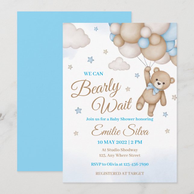 Blue Teddy Bear Balloons Boy Baby Dusche Einladung (Vorne/Hinten)