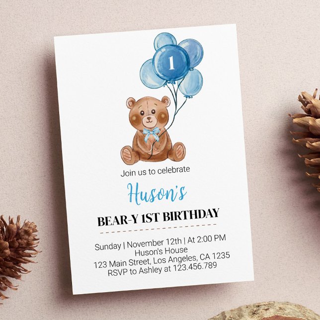 Blue Teddy Bear Balloons First Birthday Invitation (Créateur téléchargé)