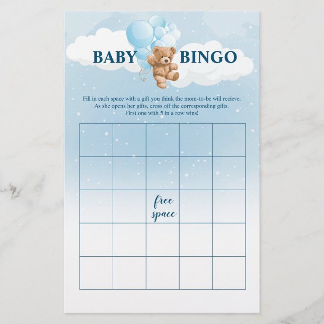 Blue Teddy Bear BINGO Baby Showspiele Flyer (Vorne)