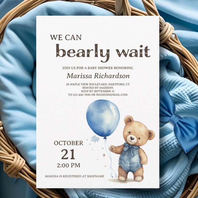 Blue Teddy Bear Boy Baby Dusche Einladung (cute elegant custom we can bearly wait teddy bear blue baby boy shower invitation)