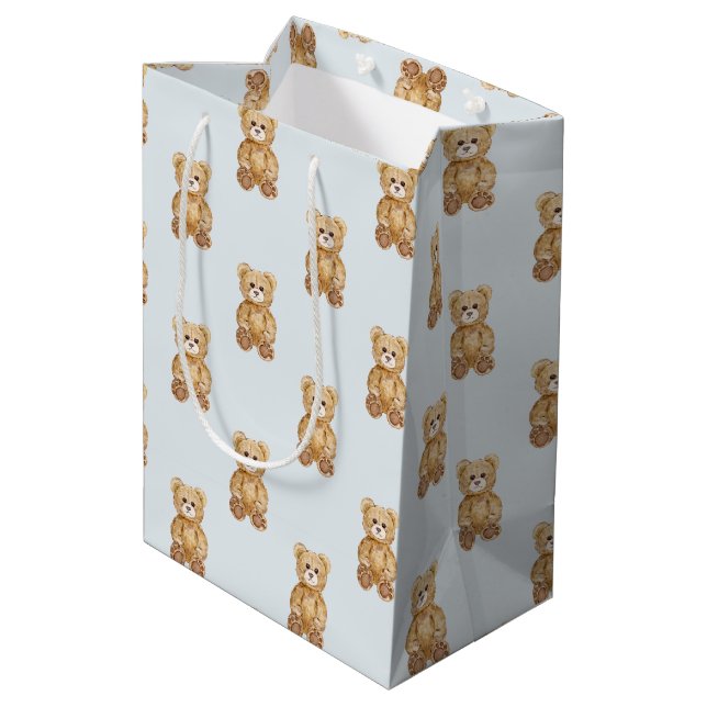 Blue Teddy Bear Boy Baby Dusche Mittlere Geschenktüte (Rückseite Schrägansicht)