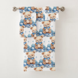 Blue Teddy Bear Boy's Bath Towel Set