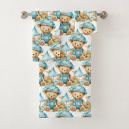 Blue Teddy Bear Boy's Bath Towel Set
