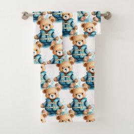 Blue Teddy Bear Boy's Bath Towel Set