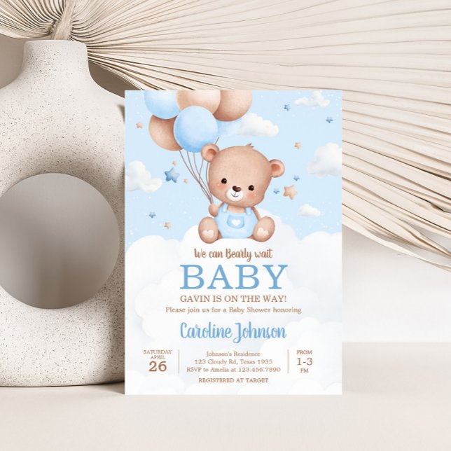 Blue Teddy Bear Clouds Balloon Babydusche Einladung (Blue Boy Teddy Bear Clouds Balloon Baby Shower Invitation)