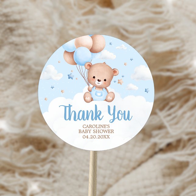 Blue Teddy Bear Clouds Balloon Babydusche Runder Aufkleber (Blue Teddy Bear Clouds Balloon Baby Shower Sticker)
