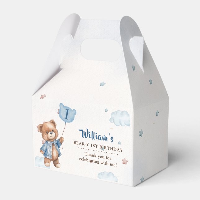 Blue Teddy Bear First Birthday Party Gefälligkeits Geschenkschachtel (Vorderseite)