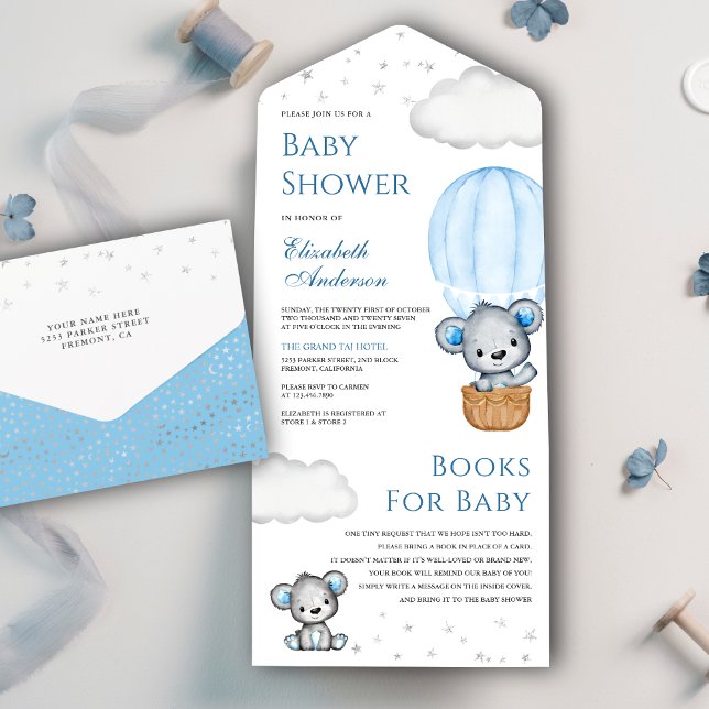 Blue Teddy Bear Hot Air Ballon Babydusche All In One Einladung (Von Creator hochgeladen)